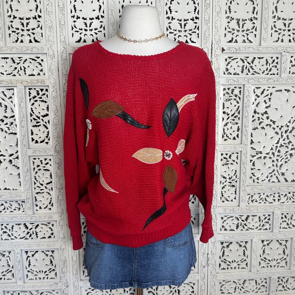Vintage Red Chunky Knit Floral Embroidered Rhinestone Pearl Embellished Sweater